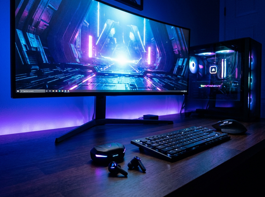 Σκοτεινό gaming setup με μπλε-μωβ RGB φωτισμό, gaming earbuds στο προσκήνιο και φωτισμένη οθόνη στο βάθος