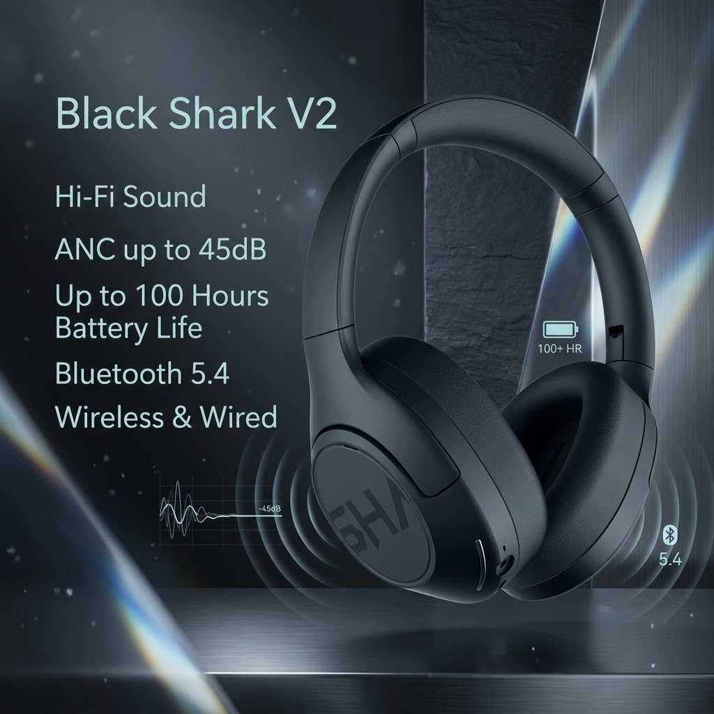 Black Shark V2 ασύρματα ακουστικά κεφαλής σε μαύρο χρώμα με ενεργή ακύρωση θορύβου ANC έως 45dB, αυτονομία μπαταρίας έως 100 ώρες, Bluetooth 5.4 και δυνατότητα ενσύρματης και ασύρματης σύνδεσης