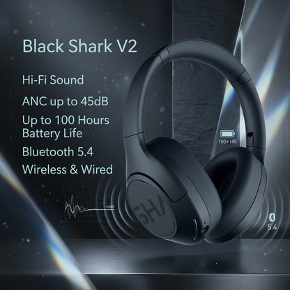 Black Shark V2 ασύρματα ακουστικά κεφαλής σε μαύρο χρώμα με ενεργή ακύρωση θορύβου ANC έως 45dB, αυτονομία μπαταρίας έως 100 ώρες, Bluetooth 5.4 και δυνατότητα ενσύρματης και ασύρματης σύνδεσης