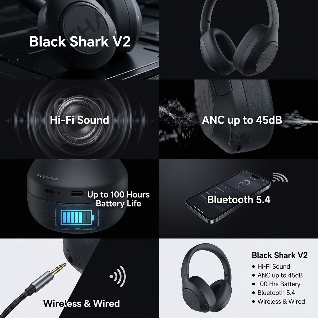 Κολάζ εικόνων των ασύρματων ακουστικών Black Shark V2 που παρουσιάζουν τον ήχο Hi-Fi, το ANC έως 45dB, την αυτονομία μπαταρίας 100 ωρών, το Bluetooth 5.4 και τις επιλογές ασύρματης και ενσύρματης χρήσης