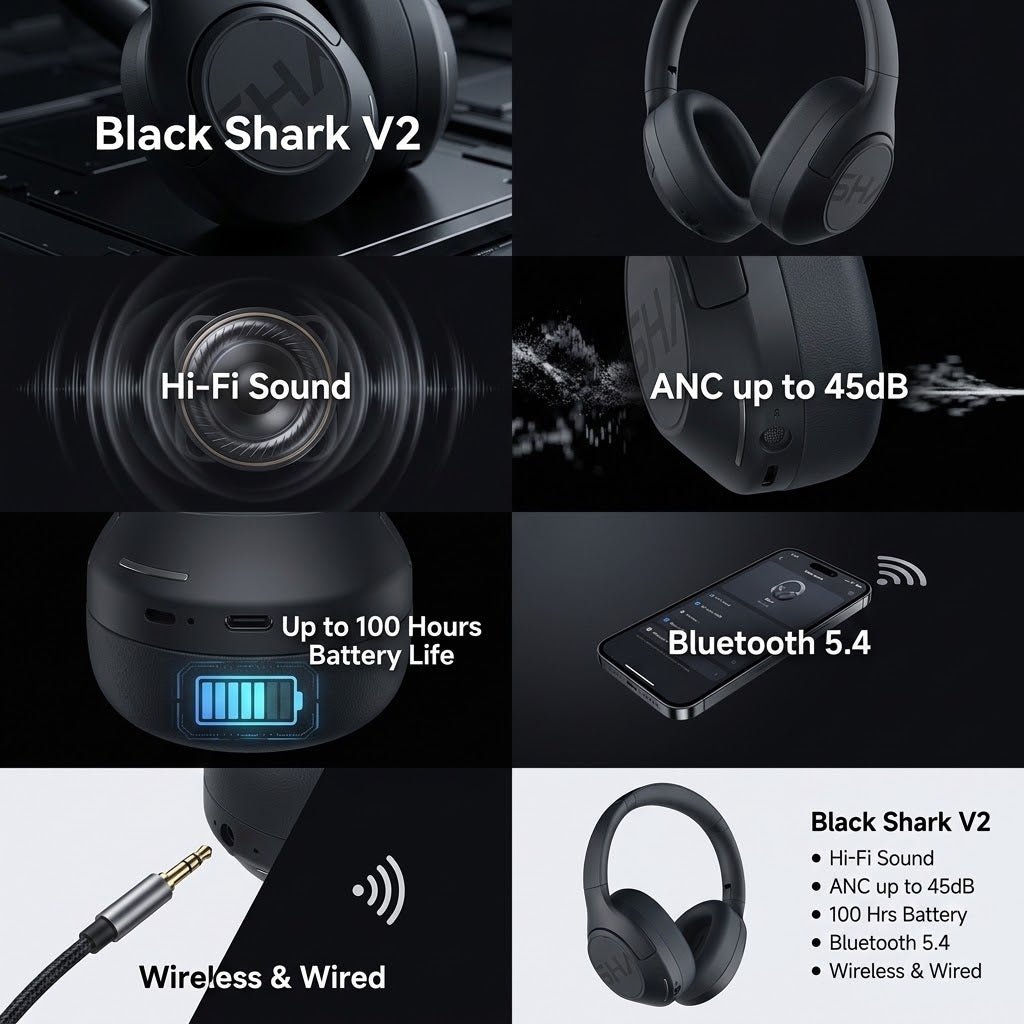 Black Shark V2 ασύρματα ακουστικά ANC 45dB 100H - Aion HiTech