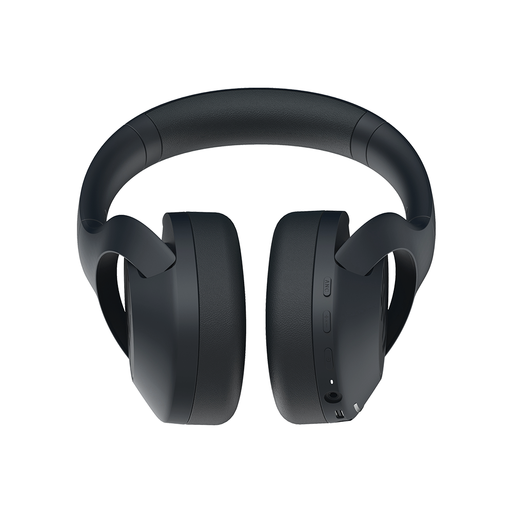 Πίσω όψη των μαύρων ακουστικών Black Shark V2 που δείχνει το κουμπί ANC, τα στοιχεία ελέγχου έντασης και τις θύρες